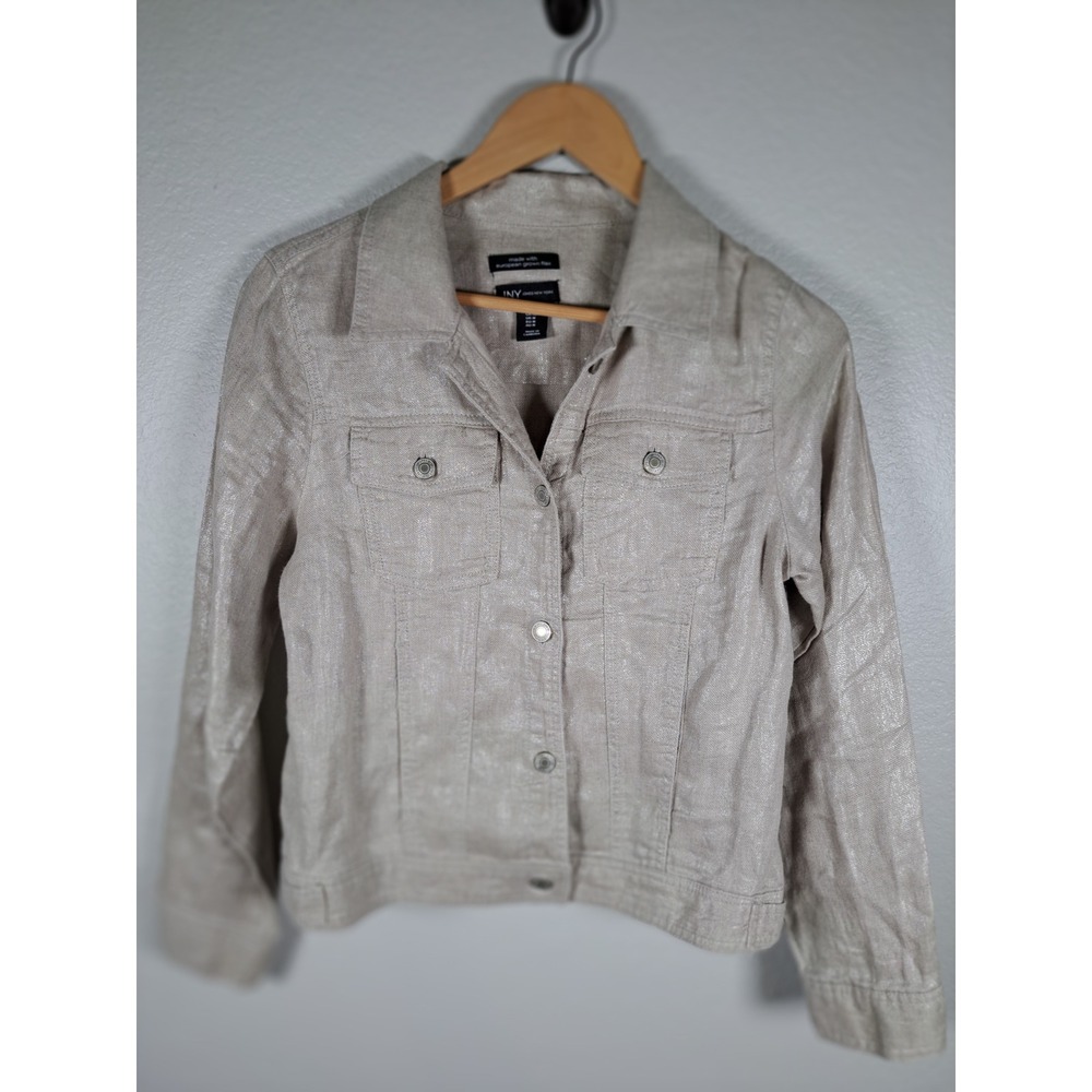 Jones New York JNY Metallic Linen Jacket Beige Silver Button Front Trucker Med